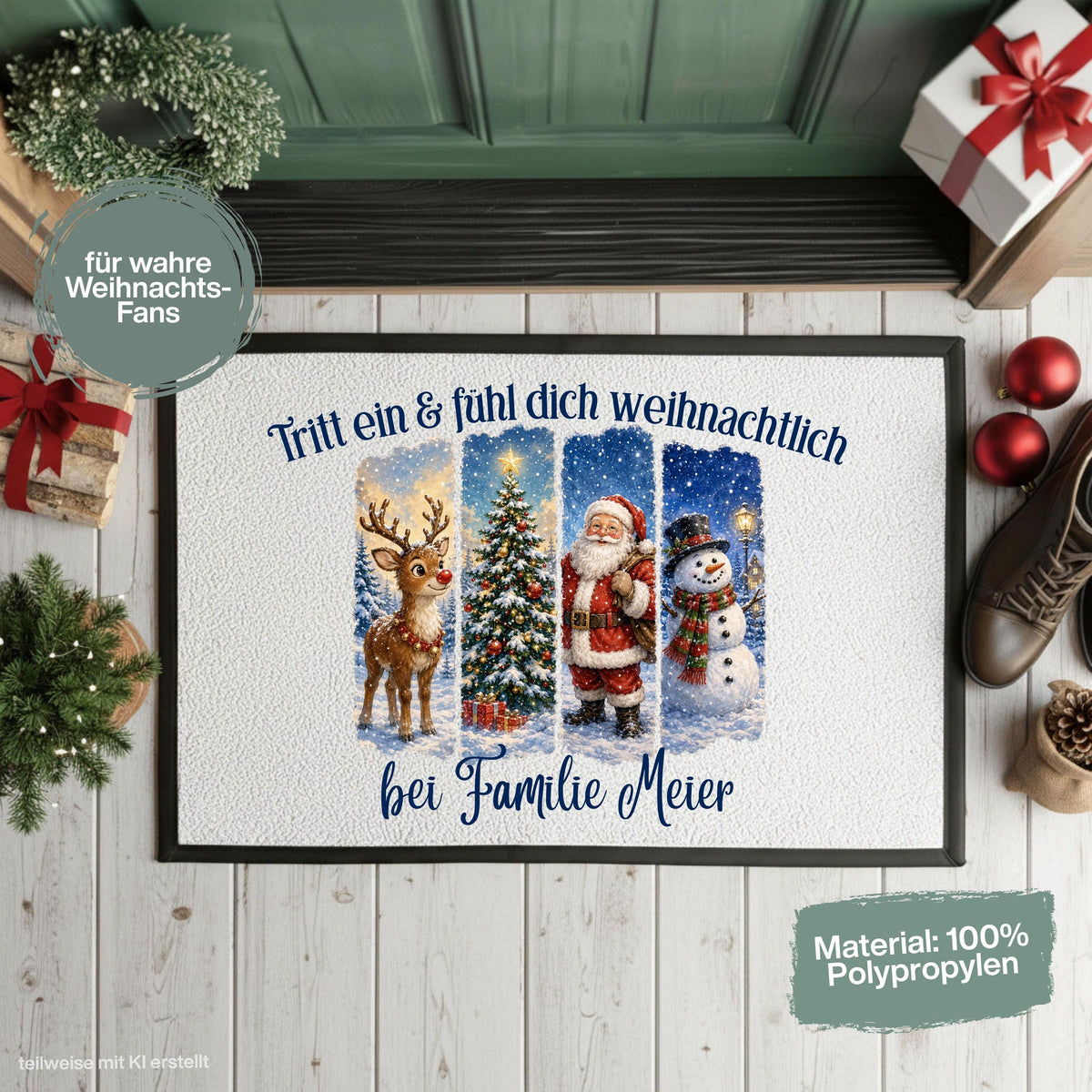 Personalisierte Weihnachtsfußmatte mit Weihnachtsmann, Rentier, Tannenbaum, Schneemann und verschneiter Winterlandschaft sowie dem Spruch „Tritt ein & fühl dich weihnachtlich“. Personalisierte Fußmatte mit Namen und weihnachtliche Schmutzfangmatte für Haustür und Eingang. Passend als Fußmatte Weihnachten, Weihnachtsfußmatte, Haustür Fußmatte, Fußmatte Winter, personalisierte Türmatte, Türmatte Weihnachten, Fußmatte Eingang, Weihnachts Schmutzfangmatte und festliche Weihnachtsdeko für die Tür.