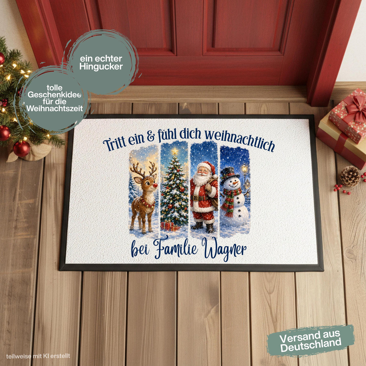 Personalisierte Weihnachtsfußmatte mit Weihnachtsmann, Rentier, Tannenbaum, Schneemann und verschneiter Winterlandschaft sowie dem Spruch „Tritt ein & fühl dich weihnachtlich“. Personalisierte Fußmatte mit Namen und weihnachtliche Schmutzfangmatte für Haustür und Eingang. Passend als Fußmatte Weihnachten, Weihnachtsfußmatte, Haustür Fußmatte, Fußmatte Winter, personalisierte Türmatte, Türmatte Weihnachten, Fußmatte Eingang, Weihnachts Schmutzfangmatte und festliche Weihnachtsdeko für die Tür.