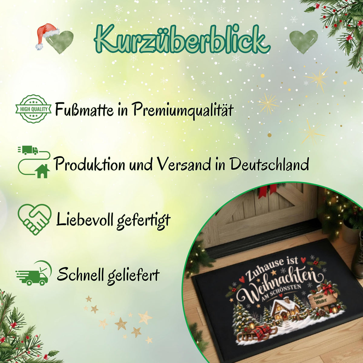 Weihnachtliche Infografik „Kurzüberblick“ zur personalisierten Fußmatte mit Winterdorf von MeobellaDesigns. Auf hellgrünem Hintergrund mit Schneeflocken, Herzen, Sternen und Tannenzweigen stehen Hinweise zu Premiumqualität, Produktion und Versand in Deutschland, liebevoller Fertigung und schneller Lieferung. Ein runder Bildausschnitt zeigt die bedruckte Haustürmatte mit verschneitem Haus, Tannen und Familiennamen. Übersicht zum individuell gestalteten Weihnachtsartikel für Haustür und Eingangsbereich.