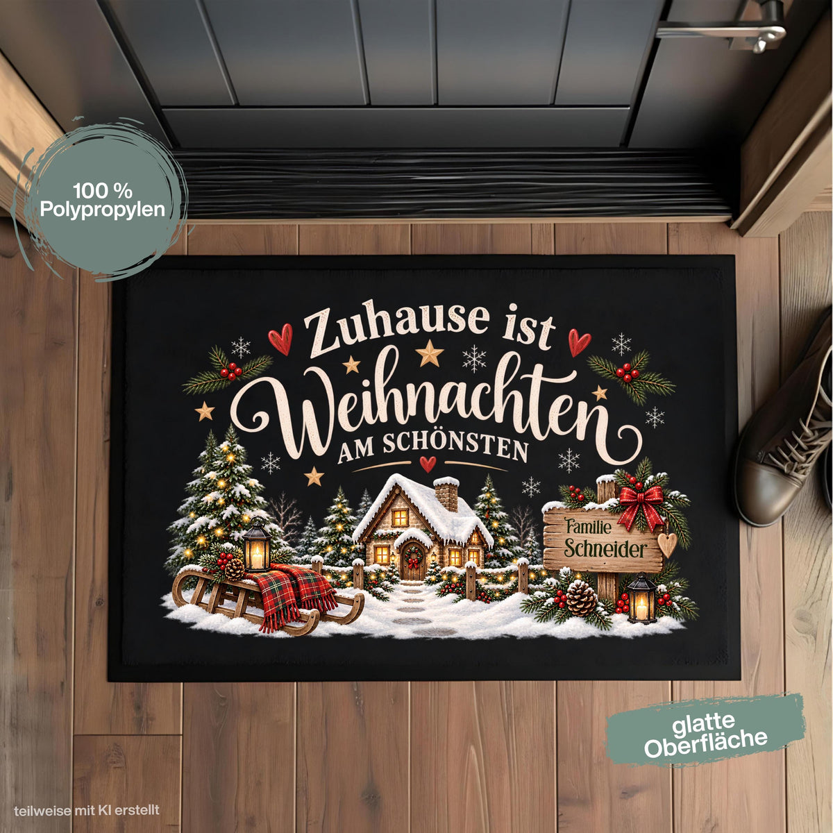 Personalisierte Weihnachtsfußmatte mit verschneitem Haus, Tannenbäumen, Schlitten, Laternen und dem Spruch „Zuhause ist Weihnachten am schönsten“. Weihnachtliche personalisierte Fußmatte mit Namen, Schmutzfangmatte und Haustür Fußmatte für Familien. Ideal als Fußmatte Weihnachten, Weihnachtsfußmatte, Fußmatte mit Namen, personalisierte Türmatte, Türmatte Weihnachten, Fußmatte Winter, Fußmatte Eingang, Schmutzfangmatte Weihnachten, Haustürmatte und persönliche Weihnachtsdeko für die Tür. Aus Polypropylen.