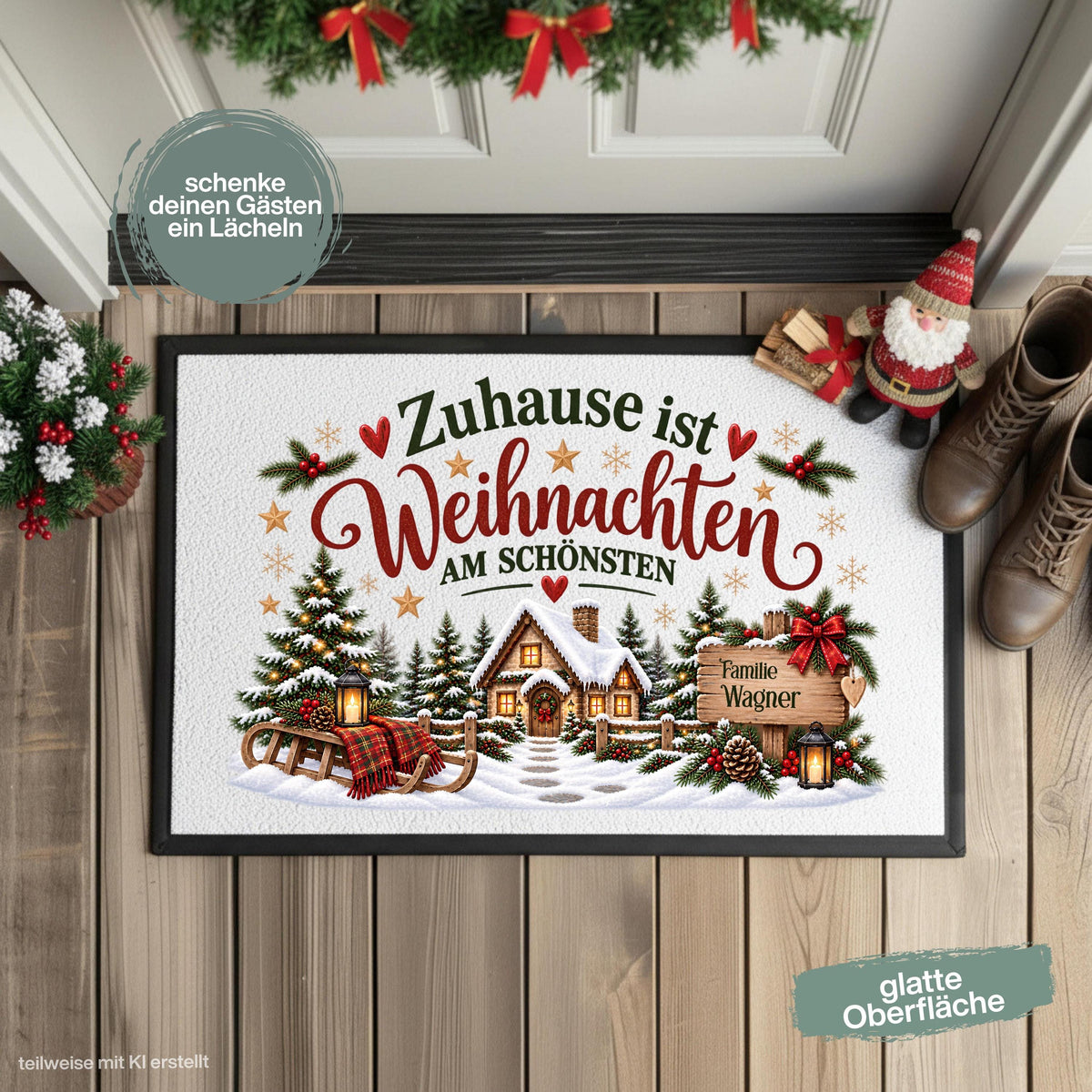 Personalisierte Weihnachtsfußmatte mit verschneitem Haus, Tannenbäumen, Schlitten, Laternen und dem Spruch „Zuhause ist Weihnachten am schönsten“. Weihnachtliche personalisierte Fußmatte mit Namen, Schmutzfangmatte und Haustür Fußmatte für Familien. Ideal als Fußmatte Weihnachten, Weihnachtsfußmatte, Fußmatte mit Namen, personalisierte Türmatte, Türmatte Weihnachten, Fußmatte Winter, Fußmatte Eingang, Schmutzfangmatte Weihnachten, Haustürmatte und persönliche Weihnachtsdeko für die Tür. Aus Polypropylen.