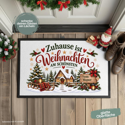 Personalisierte Weihnachtsfußmatte mit verschneitem Haus, Tannenbäumen, Schlitten, Laternen und dem Spruch „Zuhause ist Weihnachten am schönsten“. Weihnachtliche personalisierte Fußmatte mit Namen, Schmutzfangmatte und Haustür Fußmatte für Familien. Ideal als Fußmatte Weihnachten, Weihnachtsfußmatte, Fußmatte mit Namen, personalisierte Türmatte, Türmatte Weihnachten, Fußmatte Winter, Fußmatte Eingang, Schmutzfangmatte Weihnachten, Haustürmatte und persönliche Weihnachtsdeko für die Tür. Aus Polypropylen.