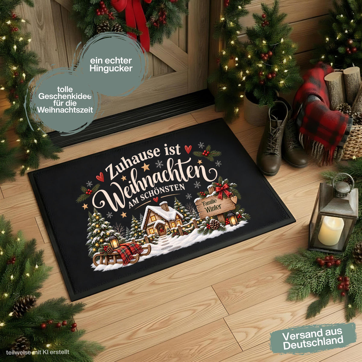Personalisierte Weihnachtsfußmatte mit verschneitem Haus, Tannenbäumen, Schlitten, Laternen und dem Spruch „Zuhause ist Weihnachten am schönsten“. Weihnachtliche personalisierte Fußmatte mit Namen, Schmutzfangmatte und Haustür Fußmatte für Familien. Ideal als Fußmatte Weihnachten, Weihnachtsfußmatte, Fußmatte mit Namen, personalisierte Türmatte, Türmatte Weihnachten, Fußmatte Winter, Fußmatte Eingang, Schmutzfangmatte Weihnachten, Haustürmatte und persönliche Weihnachtsdeko für die Tür. Aus Polypropylen.
