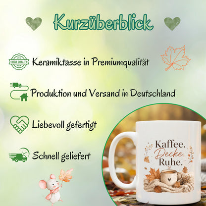 Herbst Tasse Kaffee Decke Ruhe als Geschenk für beste Freundin und Geschenk für Kaffeeliebhaber. Weiße Keramiktasse 330 ml mit gemütlichem Herbstmotiv, Kaffeetasse, Decke und Herbstblättern. Die Herbsttasse eignet sich als Me Time Geschenk, Selfcare Geschenk, Herbst Geschenk und Kaffeeliebhaber Geschenk. Keramiktasse für Cozy Season, Herbstzeit und gemütliche Kaffeemomente, spülmaschinenfest und ideal als Tasse mit Herbstmotiv, Herbst Kaffeebecher oder Geschenkidee für Kaffeeliebhaber.