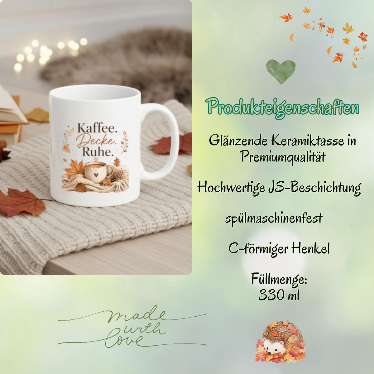 Herbst Tasse Kaffee Decke Ruhe als Geschenk für beste Freundin und Geschenk für Kaffeeliebhaber. Weiße Keramiktasse 330 ml mit gemütlichem Herbstmotiv, Kaffeetasse, Decke und Herbstblättern. Die Herbsttasse eignet sich als Me Time Geschenk, Selfcare Geschenk, Herbst Geschenk und Kaffeeliebhaber Geschenk. Keramiktasse für Cozy Season, Herbstzeit und gemütliche Kaffeemomente, spülmaschinenfest und ideal als Tasse mit Herbstmotiv, Herbst Kaffeebecher oder Geschenkidee für Kaffeeliebhaber.