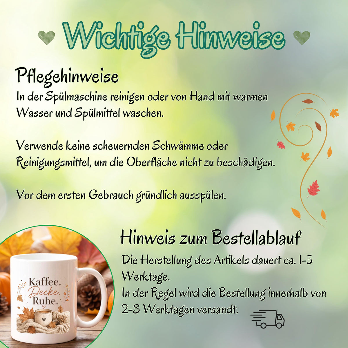 Herbst Tasse Kaffee Decke Ruhe als Geschenk für beste Freundin und Geschenk für Kaffeeliebhaber. Weiße Keramiktasse 330 ml mit gemütlichem Herbstmotiv, Kaffeetasse, Decke und Herbstblättern. Die Herbsttasse eignet sich als Me Time Geschenk, Selfcare Geschenk, Herbst Geschenk und Kaffeeliebhaber Geschenk. Keramiktasse für Cozy Season, Herbstzeit und gemütliche Kaffeemomente, spülmaschinenfest und ideal als Tasse mit Herbstmotiv, Herbst Kaffeebecher oder Geschenkidee für Kaffeeliebhaber.