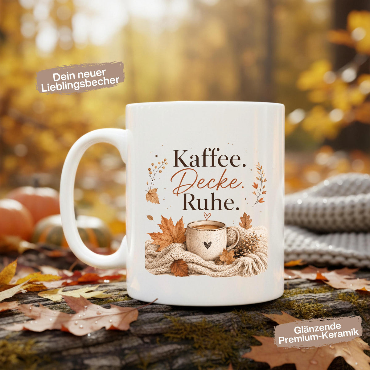 Herbst Tasse Kaffee Decke Ruhe als Geschenk für beste Freundin und Geschenk für Kaffeeliebhaber. Weiße Keramiktasse 330 ml mit gemütlichem Herbstmotiv, Kaffeetasse, Decke und Herbstblättern. Die Herbsttasse eignet sich als Me Time Geschenk, Selfcare Geschenk, Herbst Geschenk und Kaffeeliebhaber Geschenk. Keramiktasse für Cozy Season, Herbstzeit und gemütliche Kaffeemomente, spülmaschinenfest und ideal als Tasse mit Herbstmotiv, Herbst Kaffeebecher oder Geschenkidee für Kaffeeliebhaber.