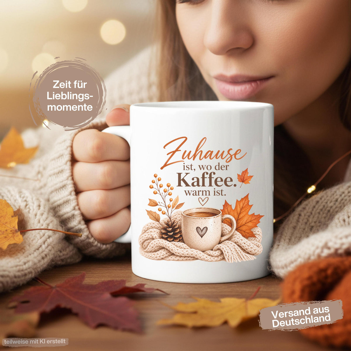 Herbst Tasse Zuhause ist wo der Kaffee warm ist als Geschenk für beste Freundin und Geschenk für Kaffeeliebhaber. Weiße Keramiktasse 330 ml mit gemütlichem Herbstmotiv, Kaffee, Strickdecke und Herbstblättern. Die Herbsttasse eignet sich als Kaffeeliebhaber Geschenk, Me Time Geschenk, Selfcare Geschenk und Herbst Geschenk. Kaffeetasse Herbst für Cozy Season und Herbstzeit, spülmaschinenfeste Keramiktasse als Tasse mit Herbstmotiv und Geschenkidee für Kaffeeliebhaber.