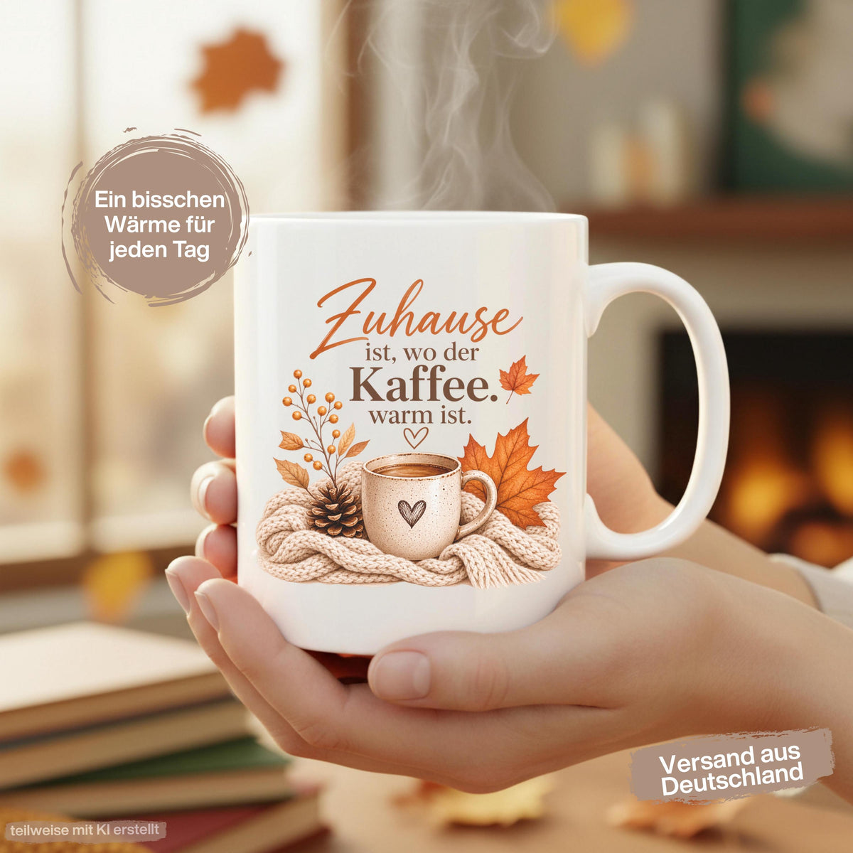 Herbst Tasse Zuhause ist wo der Kaffee warm ist als Geschenk für beste Freundin und Geschenk für Kaffeeliebhaber. Weiße Keramiktasse 330 ml mit gemütlichem Herbstmotiv, Kaffee, Strickdecke und Herbstblättern. Die Herbsttasse eignet sich als Kaffeeliebhaber Geschenk, Me Time Geschenk, Selfcare Geschenk und Herbst Geschenk. Kaffeetasse Herbst für Cozy Season und Herbstzeit, spülmaschinenfeste Keramiktasse als Tasse mit Herbstmotiv und Geschenkidee für Kaffeeliebhaber.
