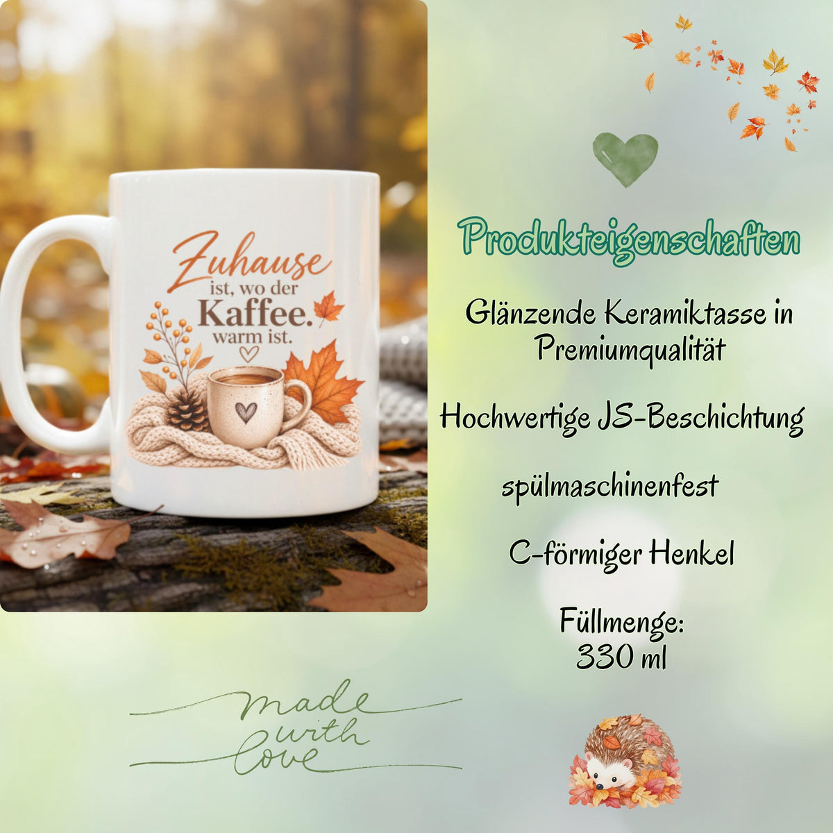 Herbst Tasse Zuhause ist wo der Kaffee warm ist als Geschenk für beste Freundin und Geschenk für Kaffeeliebhaber. Weiße Keramiktasse 330 ml mit gemütlichem Herbstmotiv, Kaffee, Strickdecke und Herbstblättern. Die Herbsttasse eignet sich als Kaffeeliebhaber Geschenk, Me Time Geschenk, Selfcare Geschenk und Herbst Geschenk. Kaffeetasse Herbst für Cozy Season und Herbstzeit, spülmaschinenfeste Keramiktasse als Tasse mit Herbstmotiv und Geschenkidee für Kaffeeliebhaber.