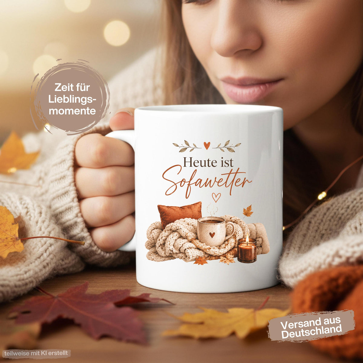 Herbst Tasse Heute ist Sofawetter als Geschenk für beste Freundin und Geschenk für Kaffeeliebhaber. Weiße Keramiktasse 330 ml mit gemütlichem Herbstmotiv, Kaffee, Decke, Kerze und Herbstblättern. Herbsttasse als Kaffeeliebhaber Geschenk, Me Time Geschenk, Selfcare Geschenk und Herbst Geschenk. Kaffeetasse Herbst für Cozy Season und Herbstzeit, spülmaschinenfeste Keramiktasse als Tasse mit Herbstmotiv und gemütliche Geschenkidee für Kaffeeliebhaber.
