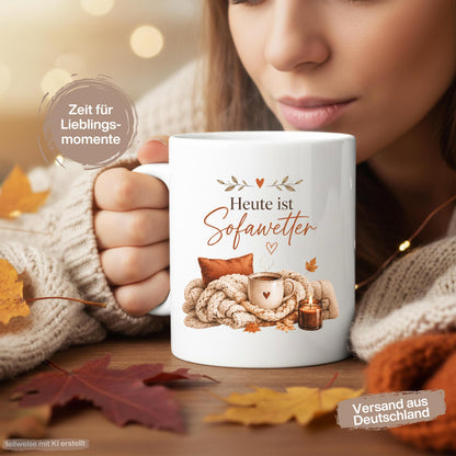 Herbst Tasse Heute ist Sofawetter als Geschenk für beste Freundin und Geschenk für Kaffeeliebhaber. Weiße Keramiktasse 330 ml mit gemütlichem Herbstmotiv, Kaffee, Decke, Kerze und Herbstblättern. Herbsttasse als Kaffeeliebhaber Geschenk, Me Time Geschenk, Selfcare Geschenk und Herbst Geschenk. Kaffeetasse Herbst für Cozy Season und Herbstzeit, spülmaschinenfeste Keramiktasse als Tasse mit Herbstmotiv und gemütliche Geschenkidee für Kaffeeliebhaber.