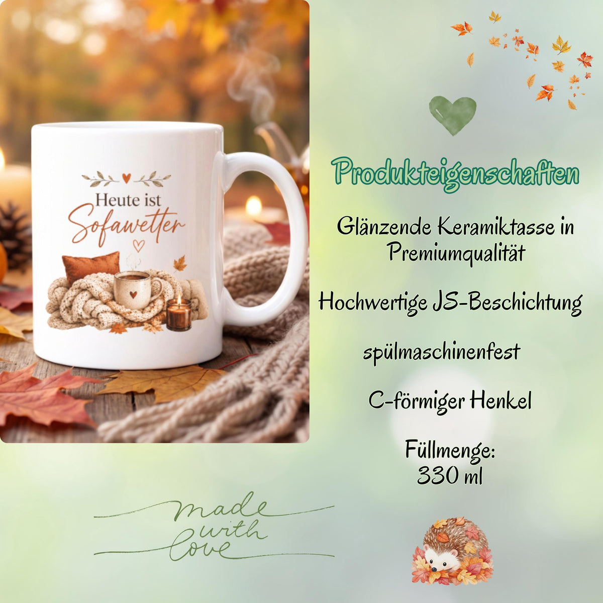 Herbst Tasse Heute ist Sofawetter als Geschenk für beste Freundin und Geschenk für Kaffeeliebhaber. Weiße Keramiktasse 330 ml mit gemütlichem Herbstmotiv, Kaffee, Decke, Kerze und Herbstblättern. Herbsttasse als Kaffeeliebhaber Geschenk, Me Time Geschenk, Selfcare Geschenk und Herbst Geschenk. Kaffeetasse Herbst für Cozy Season und Herbstzeit, spülmaschinenfeste Keramiktasse als Tasse mit Herbstmotiv und gemütliche Geschenkidee für Kaffeeliebhaber.