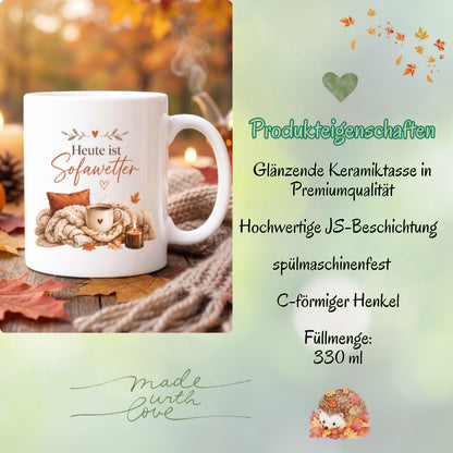Herbst Tasse Heute ist Sofawetter als Geschenk für beste Freundin und Geschenk für Kaffeeliebhaber. Weiße Keramiktasse 330 ml mit gemütlichem Herbstmotiv, Kaffee, Decke, Kerze und Herbstblättern. Herbsttasse als Kaffeeliebhaber Geschenk, Me Time Geschenk, Selfcare Geschenk und Herbst Geschenk. Kaffeetasse Herbst für Cozy Season und Herbstzeit, spülmaschinenfeste Keramiktasse als Tasse mit Herbstmotiv und gemütliche Geschenkidee für Kaffeeliebhaber.