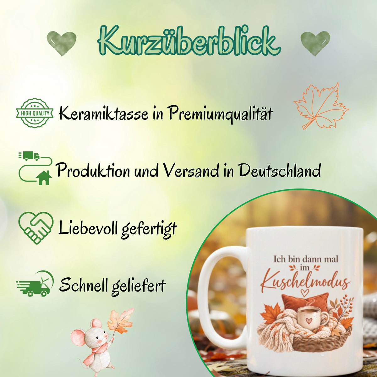 Herbst Tasse Ich bin dann mal im Kuschelmodus als Geschenk für beste Freundin und Geschenk für Kaffeeliebhaber. Weiße Keramiktasse 330 ml mit gemütlichem Herbstmotiv, Kaffee, Strickdecke, Kissen und Herbstblättern. Herbsttasse als Kaffeeliebhaber Geschenk, Me Time Geschenk, Selfcare Geschenk und Herbst Geschenk. Kaffeetasse Herbst für Cozy Season und Herbstzeit, spülmaschinenfeste Keramiktasse als Tasse mit Herbstmotiv und Geschenkidee für Kaffeeliebhaber.