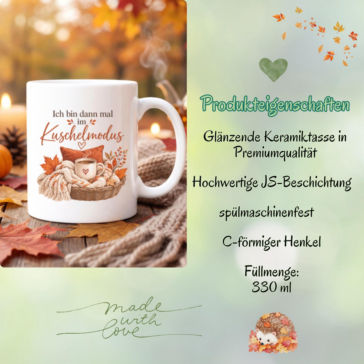 Herbst Tasse Ich bin dann mal im Kuschelmodus als Geschenk für beste Freundin und Geschenk für Kaffeeliebhaber. Weiße Keramiktasse 330 ml mit gemütlichem Herbstmotiv, Kaffee, Strickdecke, Kissen und Herbstblättern. Herbsttasse als Kaffeeliebhaber Geschenk, Me Time Geschenk, Selfcare Geschenk und Herbst Geschenk. Kaffeetasse Herbst für Cozy Season und Herbstzeit, spülmaschinenfeste Keramiktasse als Tasse mit Herbstmotiv und Geschenkidee für Kaffeeliebhaber.