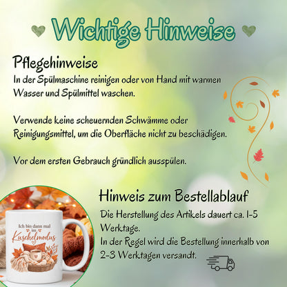 Herbst Tasse Ich bin dann mal im Kuschelmodus als Geschenk für beste Freundin und Geschenk für Kaffeeliebhaber. Weiße Keramiktasse 330 ml mit gemütlichem Herbstmotiv, Kaffee, Strickdecke, Kissen und Herbstblättern. Herbsttasse als Kaffeeliebhaber Geschenk, Me Time Geschenk, Selfcare Geschenk und Herbst Geschenk. Kaffeetasse Herbst für Cozy Season und Herbstzeit, spülmaschinenfeste Keramiktasse als Tasse mit Herbstmotiv und Geschenkidee für Kaffeeliebhaber.