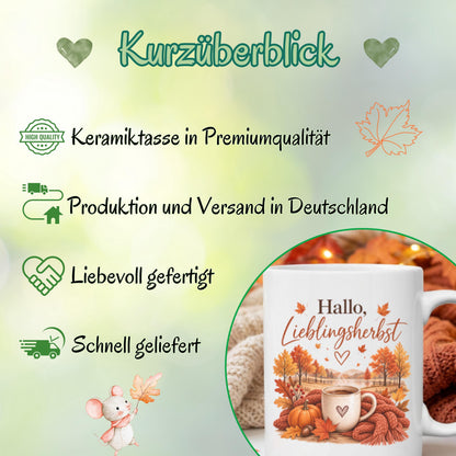 Herbst Tasse Hallo Lieblingsherbst als Geschenk für beste Freundin und Geschenk für Kaffeeliebhaber. Weiße Keramiktasse 330 ml mit Kürbis, Kaffee, Herbstblättern, Strickdecke und herbstlicher Landschaft. Kürbis Tasse und Herbsttasse als Kaffeeliebhaber Geschenk, Herbst Geschenk und gemütliche Tasse für Cozy Season. Kaffeetasse Herbst als Keramiktasse mit Herbstmotiv für Herbstzeit, Me Time, Kaffee- und Kürbisfans, produziert und versendet aus Deutschland.  Herbstgeschenke Cozy season