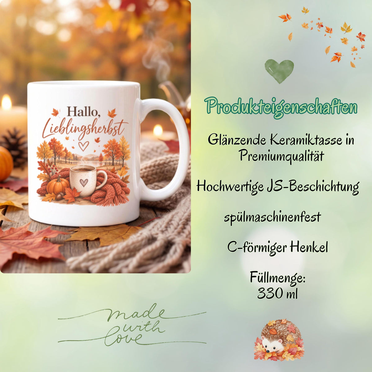 Herbst Tasse Hallo Lieblingsherbst als Geschenk für beste Freundin und Geschenk für Kaffeeliebhaber. Weiße Keramiktasse 330 ml mit Kürbis, Kaffee, Herbstblättern, Strickdecke und herbstlicher Landschaft. Kürbis Tasse und Herbsttasse als Kaffeeliebhaber Geschenk, Herbst Geschenk und gemütliche Tasse für Cozy Season. Kaffeetasse Herbst als Keramiktasse mit Herbstmotiv für Herbstzeit, Me Time, Kaffee- und Kürbisfans, produziert und versendet aus Deutschland.  Herbstgeschenke Cozy season