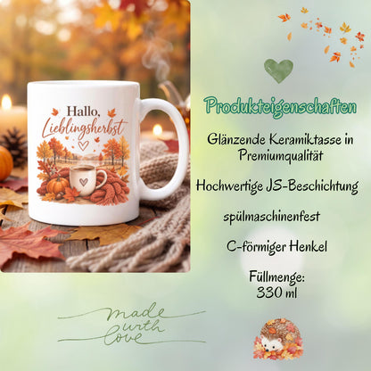 Herbst Tasse Hallo Lieblingsherbst als Geschenk für beste Freundin und Geschenk für Kaffeeliebhaber. Weiße Keramiktasse 330 ml mit Kürbis, Kaffee, Herbstblättern, Strickdecke und herbstlicher Landschaft. Kürbis Tasse und Herbsttasse als Kaffeeliebhaber Geschenk, Herbst Geschenk und gemütliche Tasse für Cozy Season. Kaffeetasse Herbst als Keramiktasse mit Herbstmotiv für Herbstzeit, Me Time, Kaffee- und Kürbisfans, produziert und versendet aus Deutschland.  Herbstgeschenke Cozy season