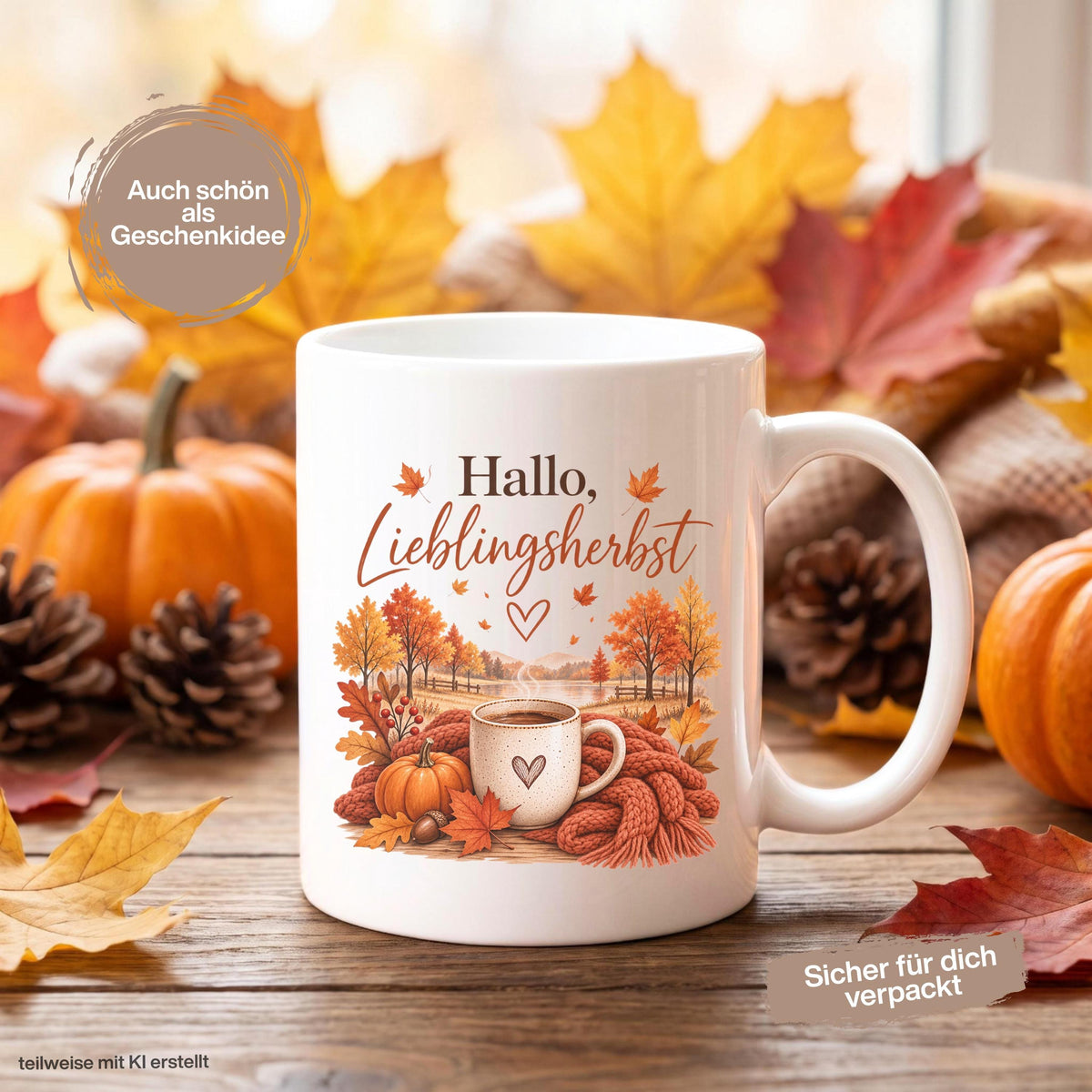Herbst Tasse Hallo Lieblingsherbst als Geschenk für beste Freundin und Geschenk für Kaffeeliebhaber. Weiße Keramiktasse 330 ml mit Kürbis, Kaffee, Herbstblättern, Strickdecke und herbstlicher Landschaft. Kürbis Tasse und Herbsttasse als Kaffeeliebhaber Geschenk, Herbst Geschenk und gemütliche Tasse für Cozy Season. Kaffeetasse Herbst als Keramiktasse mit Herbstmotiv für Herbstzeit, Me Time, Kaffee- und Kürbisfans, produziert und versendet aus Deutschland.  Herbstgeschenke Cozy season