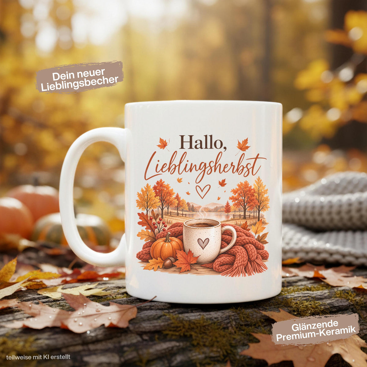 Herbst Tasse Hallo Lieblingsherbst als Geschenk für beste Freundin und Geschenk für Kaffeeliebhaber. Weiße Keramiktasse 330 ml mit Kürbis, Kaffee, Herbstblättern, Strickdecke und herbstlicher Landschaft. Kürbis Tasse und Herbsttasse als Kaffeeliebhaber Geschenk, Herbst Geschenk und gemütliche Tasse für Cozy Season. Kaffeetasse Herbst als Keramiktasse mit Herbstmotiv für Herbstzeit, Me Time, Kaffee- und Kürbisfans, produziert und versendet aus Deutschland.  Herbstgeschenke Cozy season