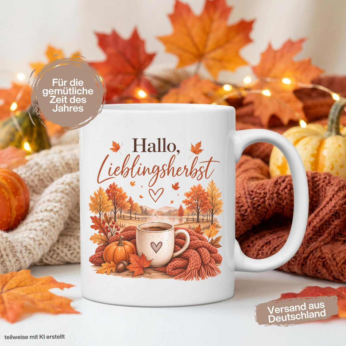 Herbst Tasse Hallo Lieblingsherbst als Geschenk für beste Freundin und Geschenk für Kaffeeliebhaber. Weiße Keramiktasse 330 ml mit Kürbis, Kaffee, Herbstblättern, Strickdecke und herbstlicher Landschaft. Kürbis Tasse und Herbsttasse als Kaffeeliebhaber Geschenk, Herbst Geschenk und gemütliche Tasse für Cozy Season. Kaffeetasse Herbst als Keramiktasse mit Herbstmotiv für Herbstzeit, Me Time, Kaffee- und Kürbisfans, produziert und versendet aus Deutschland.  Herbstgeschenke Cozy season