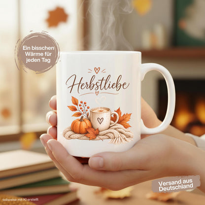 Herbst Tasse Herbstliebe als Geschenk für beste Freundin und Geschenk für Kaffeeliebhaber. Weiße Keramiktasse 330 ml mit Kürbis, Kaffee, Herbstblättern und kuscheliger Strickdecke. Kürbis Tasse und Herbsttasse als Kaffeeliebhaber Geschenk, Herbst Geschenk und gemütliche Tasse für Cozy Season. Kaffeetasse Herbst als Keramiktasse mit Herbstmotiv für Herbstzeit, Me Time, Selfcare, Kaffee- und Kürbisfans, produziert und versendet aus Deutschland. geschenk beste freundin, geschenk kaffeeliebhaber