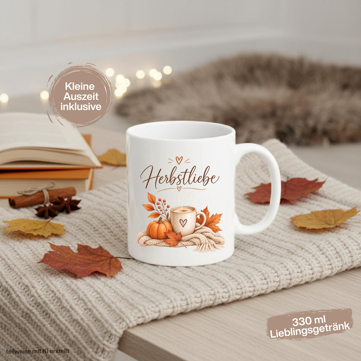 Herbst Tasse Herbstliebe als Geschenk für beste Freundin und Geschenk für Kaffeeliebhaber. Weiße Keramiktasse 330 ml mit Kürbis, Kaffee, Herbstblättern und kuscheliger Strickdecke. Kürbis Tasse und Herbsttasse als Kaffeeliebhaber Geschenk, Herbst Geschenk und gemütliche Tasse für Cozy Season. Kaffeetasse Herbst als Keramiktasse mit Herbstmotiv für Herbstzeit, Me Time, Selfcare, Kaffee- und Kürbisfans, produziert und versendet aus Deutschland. geschenk beste freundin, geschenk kaffeeliebhaber