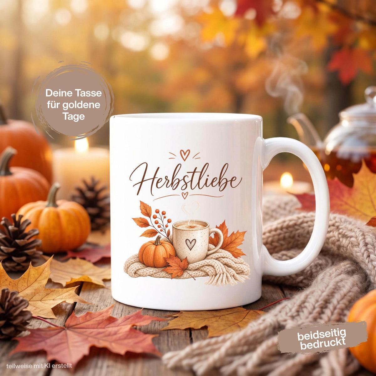 Herbst Tasse Herbstliebe als Geschenk für beste Freundin und Geschenk für Kaffeeliebhaber. Weiße Keramiktasse 330 ml mit Kürbis, Kaffee, Herbstblättern und kuscheliger Strickdecke. Kürbis Tasse und Herbsttasse als Kaffeeliebhaber Geschenk, Herbst Geschenk und gemütliche Tasse für Cozy Season. Kaffeetasse Herbst als Keramiktasse mit Herbstmotiv für Herbstzeit, Me Time, Selfcare, Kaffee- und Kürbisfans, produziert und versendet aus Deutschland. geschenk beste freundin, geschenk kaffeeliebhaber