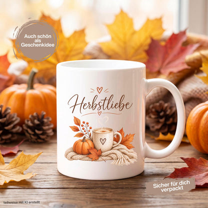 Herbst Tasse Herbstliebe als Geschenk für beste Freundin und Geschenk für Kaffeeliebhaber. Weiße Keramiktasse 330 ml mit Kürbis, Kaffee, Herbstblättern und kuscheliger Strickdecke. Kürbis Tasse und Herbsttasse als Kaffeeliebhaber Geschenk, Herbst Geschenk und gemütliche Tasse für Cozy Season. Kaffeetasse Herbst als Keramiktasse mit Herbstmotiv für Herbstzeit, Me Time, Selfcare, Kaffee- und Kürbisfans, produziert und versendet aus Deutschland. geschenk beste freundin, geschenk kaffeeliebhaber