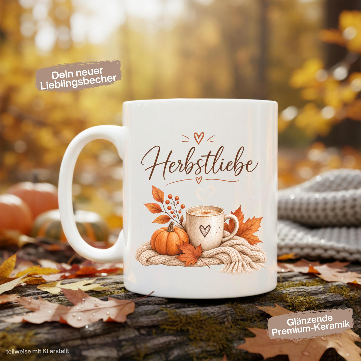 Herbst Tasse Herbstliebe als Geschenk für beste Freundin und Geschenk für Kaffeeliebhaber. Weiße Keramiktasse 330 ml mit Kürbis, Kaffee, Herbstblättern und kuscheliger Strickdecke. Kürbis Tasse und Herbsttasse als Kaffeeliebhaber Geschenk, Herbst Geschenk und gemütliche Tasse für Cozy Season. Kaffeetasse Herbst als Keramiktasse mit Herbstmotiv für Herbstzeit, Me Time, Selfcare, Kaffee- und Kürbisfans, produziert und versendet aus Deutschland. geschenk beste freundin, geschenk kaffeeliebhaber