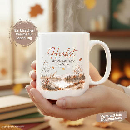 Herbst Tasse mit Spruch als Geschenk für beste Freundin und Geschenk für Kaffeeliebhaber. Weiße Keramiktasse 330 ml mit herbstlicher Landschaft, See, Bäumen, Bergen und dem Spruch „Herbst – die schönste Farbe der Natur“. Herbsttasse und Kaffeeliebhaber Geschenk für Herbstzeit, Cozy Season und gemütliche Kaffeepausen. Keramiktasse als Herbst Geschenk, Me Time Geschenk und Tasse mit Herbstmotiv für Naturfans, Kaffee- und Teeliebhaber, produziert und versendet aus Deutschland.