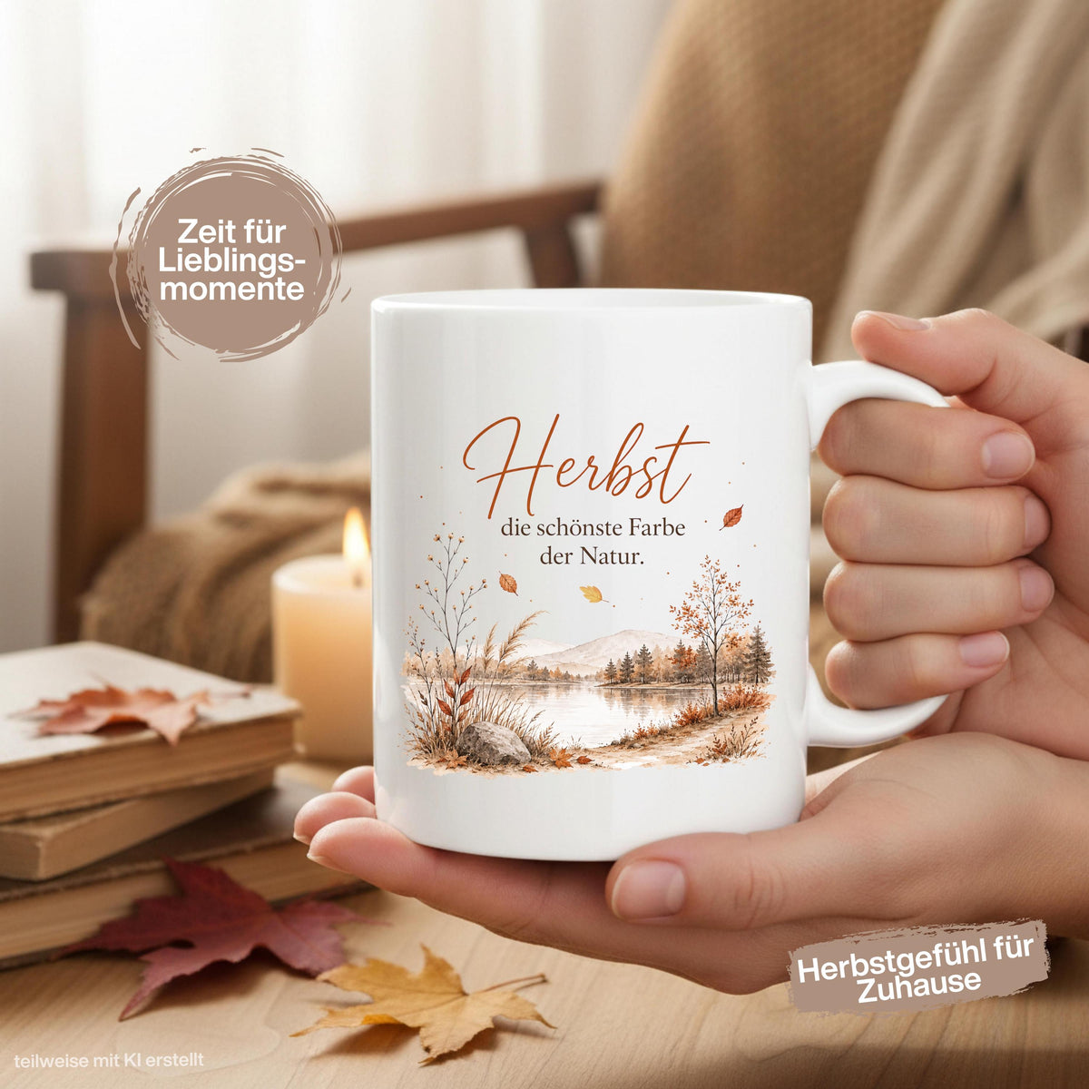 Herbst Tasse mit Spruch als Geschenk für beste Freundin und Geschenk für Kaffeeliebhaber. Weiße Keramiktasse 330 ml mit herbstlicher Landschaft, See, Bäumen, Bergen und dem Spruch „Herbst – die schönste Farbe der Natur“. Herbsttasse und Kaffeeliebhaber Geschenk für Herbstzeit, Cozy Season und gemütliche Kaffeepausen. Keramiktasse als Herbst Geschenk, Me Time Geschenk und Tasse mit Herbstmotiv für Naturfans, Kaffee- und Teeliebhaber, produziert und versendet aus Deutschland.