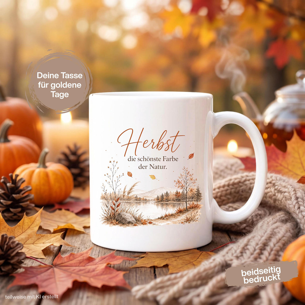 Herbst Tasse mit Spruch als Geschenk für beste Freundin und Geschenk für Kaffeeliebhaber. Weiße Keramiktasse 330 ml mit herbstlicher Landschaft, See, Bäumen, Bergen und dem Spruch „Herbst – die schönste Farbe der Natur“. Herbsttasse und Kaffeeliebhaber Geschenk für Herbstzeit, Cozy Season und gemütliche Kaffeepausen. Keramiktasse als Herbst Geschenk, Me Time Geschenk und Tasse mit Herbstmotiv für Naturfans, Kaffee- und Teeliebhaber, produziert und versendet aus Deutschland.