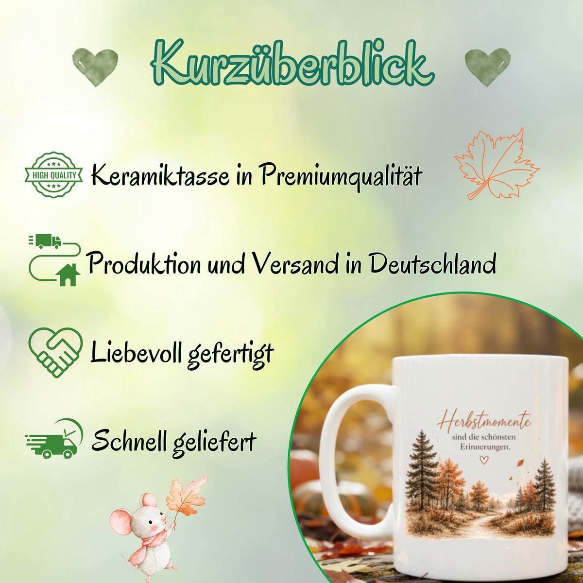 Herbst Tasse mit Spruch als Geschenk für beste Freundin und Geschenk für Kaffeeliebhaber. Weiße Keramiktasse 330 ml mit dem Spruch „Herbstmomente sind die schönsten Erinnerungen“ und herbstlichem Naturmotiv. Herbsttasse als Kaffeeliebhaber Geschenk für Herbstzeit und Cozy Season, Herbst Geschenk für Freundin, Mama oder Schwester sowie Me Time Geschenk und Selfcare Geschenk. Keramiktasse und Tasse Herbst für gemütliche Kaffee- und Teemomente, produziert und versendet aus Deutschland.