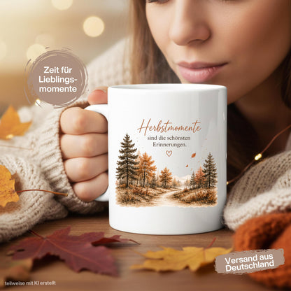 Herbst Tasse mit Spruch als Geschenk für beste Freundin und Geschenk für Kaffeeliebhaber. Weiße Keramiktasse 330 ml mit dem Spruch „Herbstmomente sind die schönsten Erinnerungen“ und herbstlichem Naturmotiv. Herbsttasse als Kaffeeliebhaber Geschenk für Herbstzeit und Cozy Season, Herbst Geschenk für Freundin, Mama oder Schwester sowie Me Time Geschenk und Selfcare Geschenk. Keramiktasse und Tasse Herbst für gemütliche Kaffee- und Teemomente, produziert und versendet aus Deutschland.