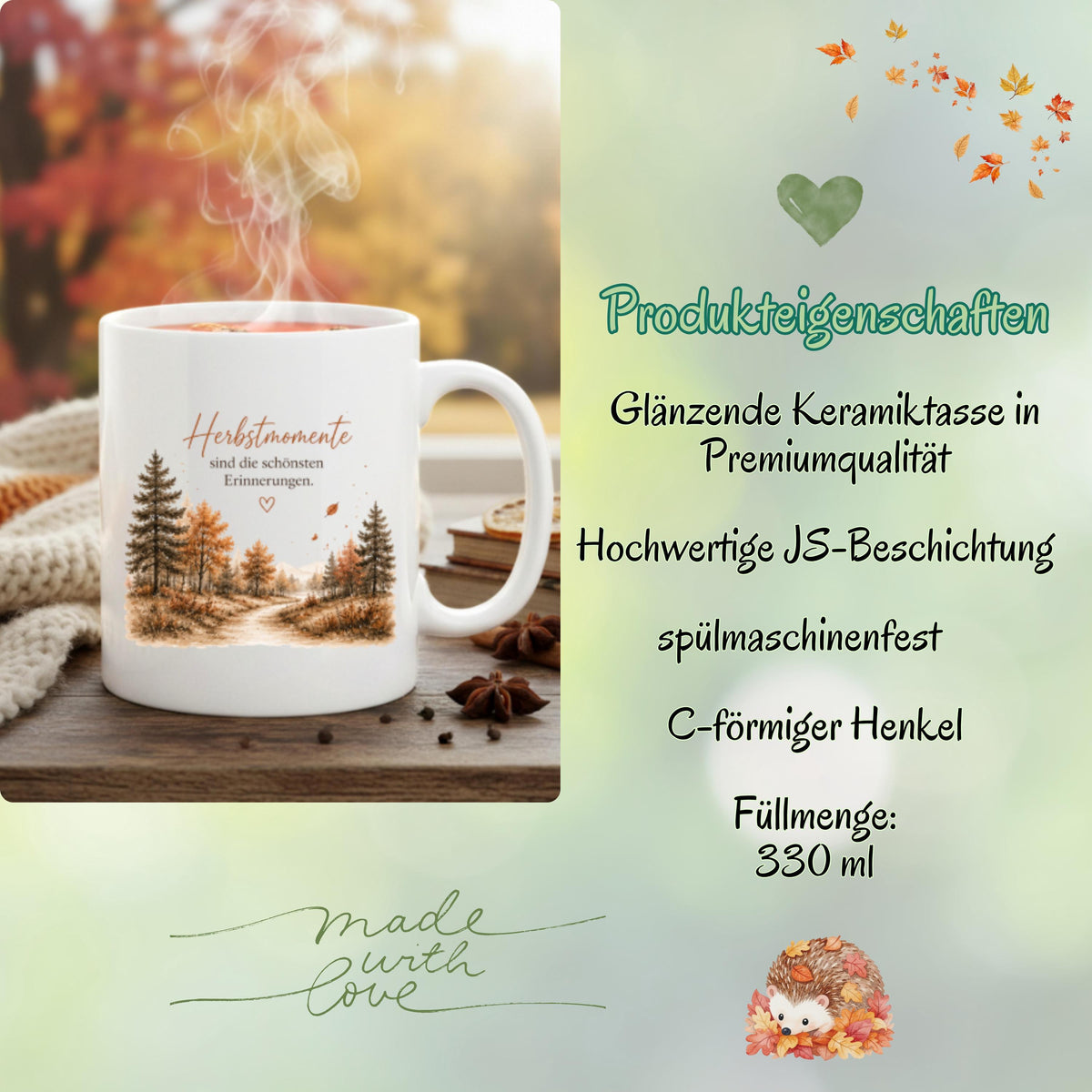Herbst Tasse mit Spruch als Geschenk für beste Freundin und Geschenk für Kaffeeliebhaber. Weiße Keramiktasse 330 ml mit dem Spruch „Herbstmomente sind die schönsten Erinnerungen“ und herbstlichem Naturmotiv. Herbsttasse als Kaffeeliebhaber Geschenk für Herbstzeit und Cozy Season, Herbst Geschenk für Freundin, Mama oder Schwester sowie Me Time Geschenk und Selfcare Geschenk. Keramiktasse und Tasse Herbst für gemütliche Kaffee- und Teemomente, produziert und versendet aus Deutschland.