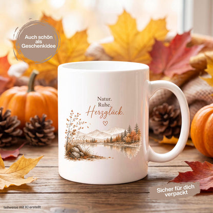 Herbst Tasse mit Spruch als Geschenk für beste Freundin und Geschenk für Kaffeeliebhaber. Weiße Keramiktasse 330 ml mit „Natur. Ruhe. Herzglück.“ und herbstlichem Naturmotiv mit Bergen, See und Bäumen. Herbsttasse und Kaffeeliebhaber Geschenk für Herbstzeit und Cozy Season, Herbst Geschenk für Freundin, Mama, Schwester und Naturfreunde sowie Me Time Geschenk und Selfcare Geschenk. Keramiktasse und Tasse Herbst für gemütliche Kaffee- und Teemomente, Produktion und Versand aus Deutschland.