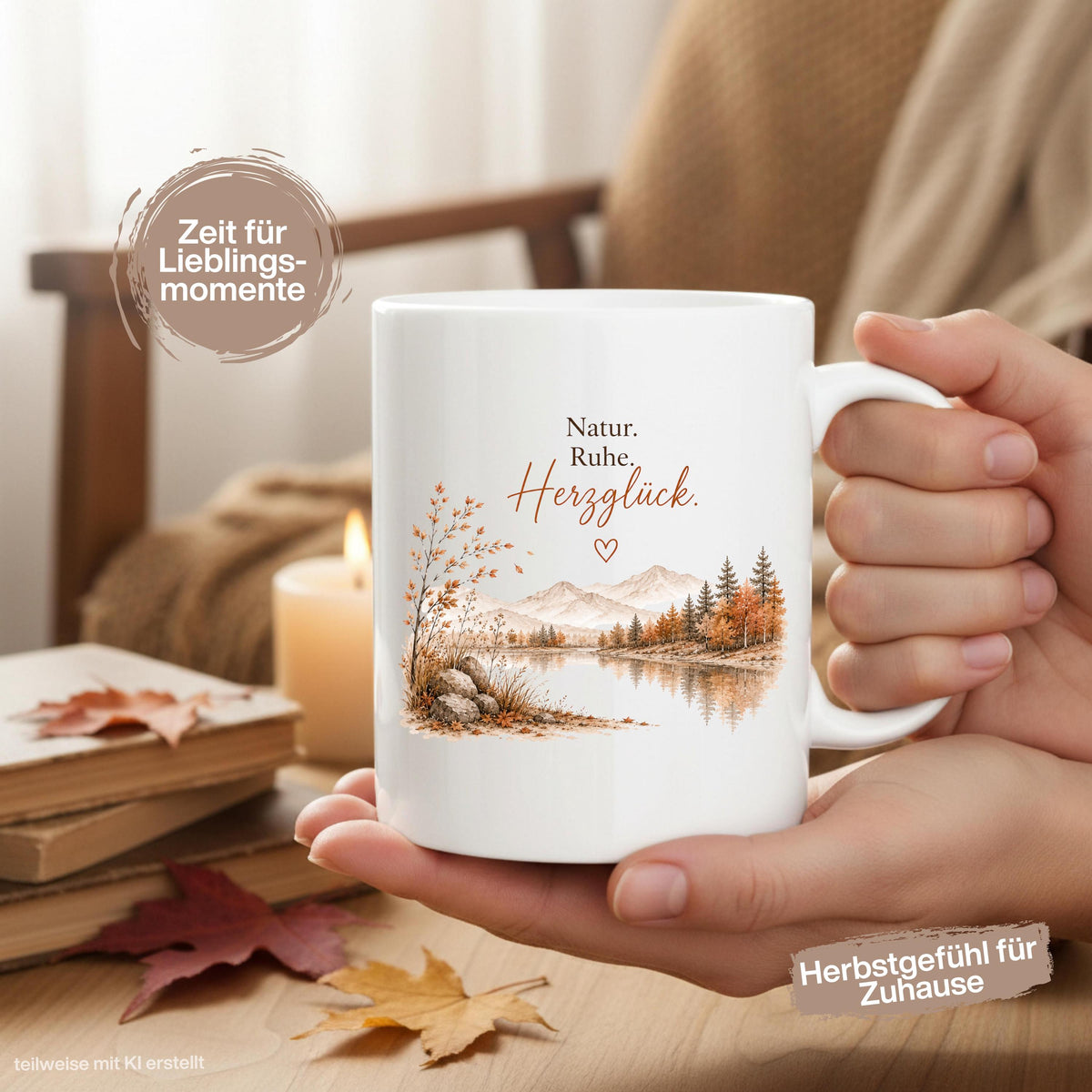 Herbst Tasse mit Spruch als Geschenk für beste Freundin und Geschenk für Kaffeeliebhaber. Weiße Keramiktasse 330 ml mit „Natur. Ruhe. Herzglück.“ und herbstlichem Naturmotiv mit Bergen, See und Bäumen. Herbsttasse und Kaffeeliebhaber Geschenk für Herbstzeit und Cozy Season, Herbst Geschenk für Freundin, Mama, Schwester und Naturfreunde sowie Me Time Geschenk und Selfcare Geschenk. Keramiktasse und Tasse Herbst für gemütliche Kaffee- und Teemomente, Produktion und Versand aus Deutschland.