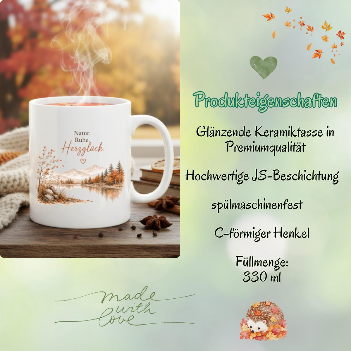 Herbst Tasse mit Spruch als Geschenk für beste Freundin und Geschenk für Kaffeeliebhaber. Weiße Keramiktasse 330 ml mit „Natur. Ruhe. Herzglück.“ und herbstlichem Naturmotiv mit Bergen, See und Bäumen. Herbsttasse und Kaffeeliebhaber Geschenk für Herbstzeit und Cozy Season, Herbst Geschenk für Freundin, Mama, Schwester und Naturfreunde sowie Me Time Geschenk und Selfcare Geschenk. Keramiktasse und Tasse Herbst für gemütliche Kaffee- und Teemomente, Produktion und Versand aus Deutschland.