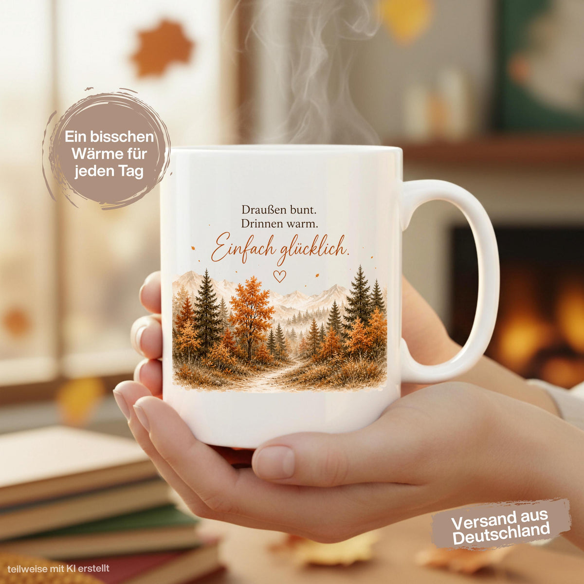 Herbst Tasse mit Spruch als Geschenk für beste Freundin und Geschenk für Kaffeeliebhaber. Weiße Keramiktasse 330 ml mit „Draußen bunt. Drinnen warm. Einfach glücklich.“ Herbsttasse mit Wald und Bergen für Herbstzeit und Cozy Season. Kaffeeliebhaber Geschenk, Herbst Geschenk für Freundin, Mama oder Schwester sowie Me Time Geschenk und Selfcare Geschenk. Keramiktasse und Tasse Herbst für Kaffee, Tee und gemütliche Herbstmomente, Produktion und Versand aus Deutschland.