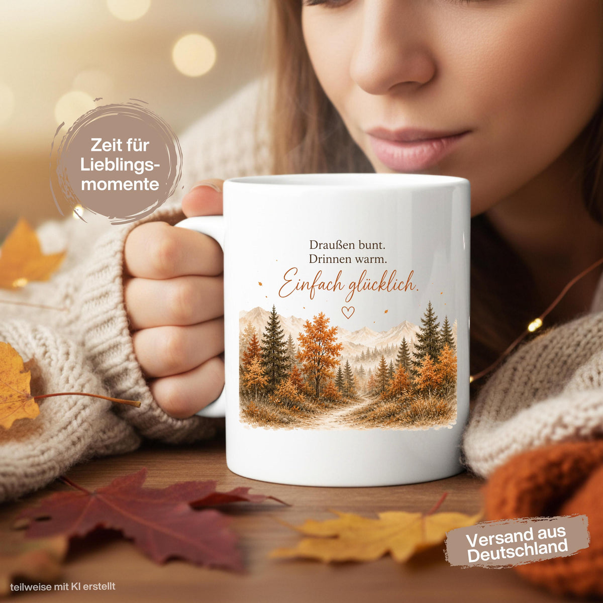 Herbst Tasse mit Spruch als Geschenk für beste Freundin und Geschenk für Kaffeeliebhaber. Weiße Keramiktasse 330 ml mit „Draußen bunt. Drinnen warm. Einfach glücklich.“ Herbsttasse mit Wald und Bergen für Herbstzeit und Cozy Season. Kaffeeliebhaber Geschenk, Herbst Geschenk für Freundin, Mama oder Schwester sowie Me Time Geschenk und Selfcare Geschenk. Keramiktasse und Tasse Herbst für Kaffee, Tee und gemütliche Herbstmomente, Produktion und Versand aus Deutschland.