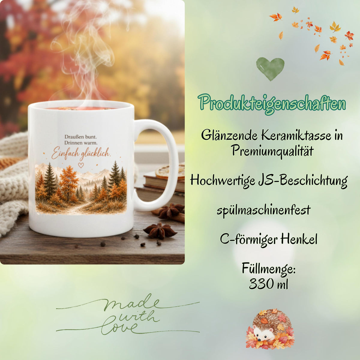 Herbst Tasse mit Spruch als Geschenk für beste Freundin und Geschenk für Kaffeeliebhaber. Weiße Keramiktasse 330 ml mit „Draußen bunt. Drinnen warm. Einfach glücklich.“ Herbsttasse mit Wald und Bergen für Herbstzeit und Cozy Season. Kaffeeliebhaber Geschenk, Herbst Geschenk für Freundin, Mama oder Schwester sowie Me Time Geschenk und Selfcare Geschenk. Keramiktasse und Tasse Herbst für Kaffee, Tee und gemütliche Herbstmomente, Produktion und Versand aus Deutschland.
