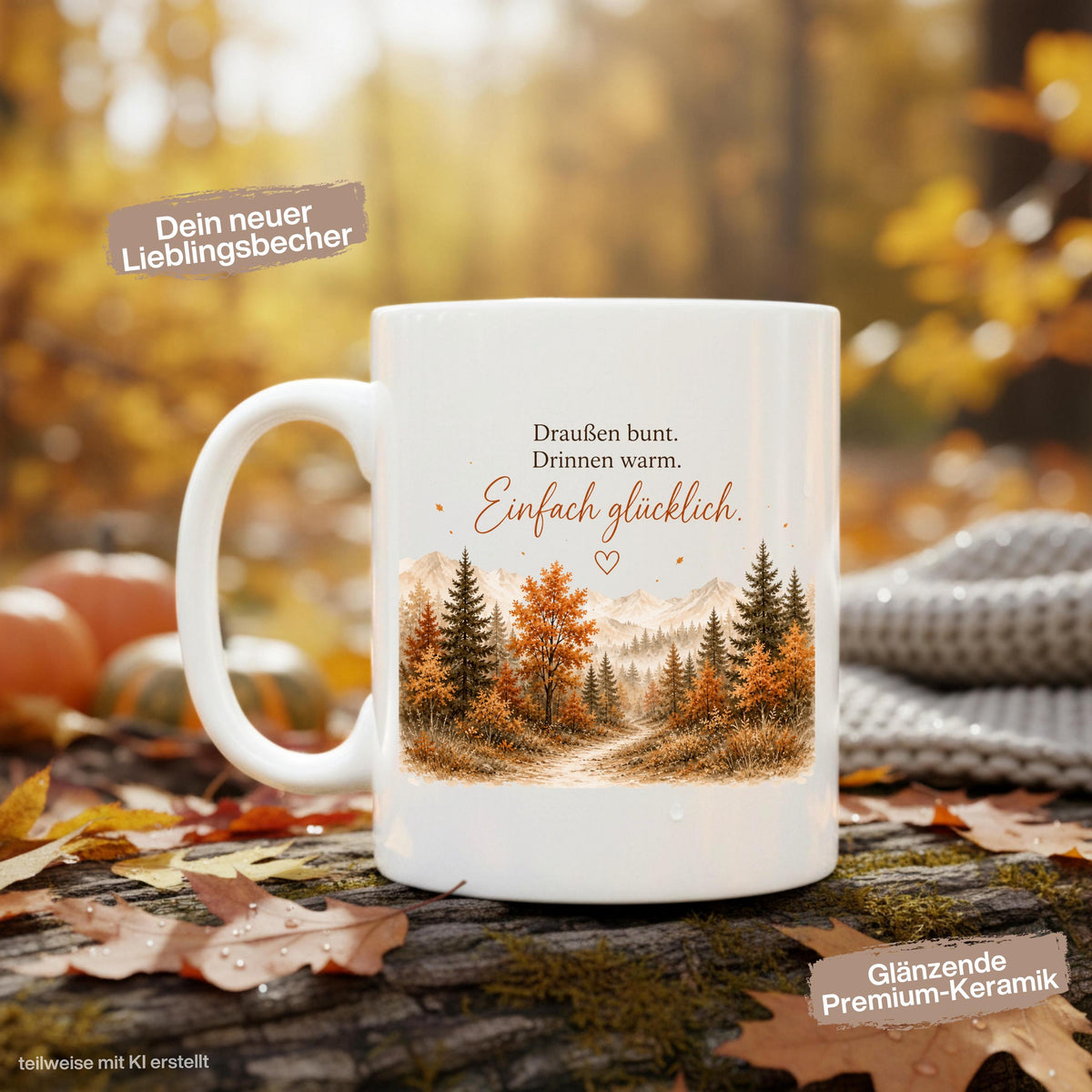 Herbst Tasse mit Spruch als Geschenk für beste Freundin und Geschenk für Kaffeeliebhaber. Weiße Keramiktasse 330 ml mit „Draußen bunt. Drinnen warm. Einfach glücklich.“ Herbsttasse mit Wald und Bergen für Herbstzeit und Cozy Season. Kaffeeliebhaber Geschenk, Herbst Geschenk für Freundin, Mama oder Schwester sowie Me Time Geschenk und Selfcare Geschenk. Keramiktasse und Tasse Herbst für Kaffee, Tee und gemütliche Herbstmomente, Produktion und Versand aus Deutschland.