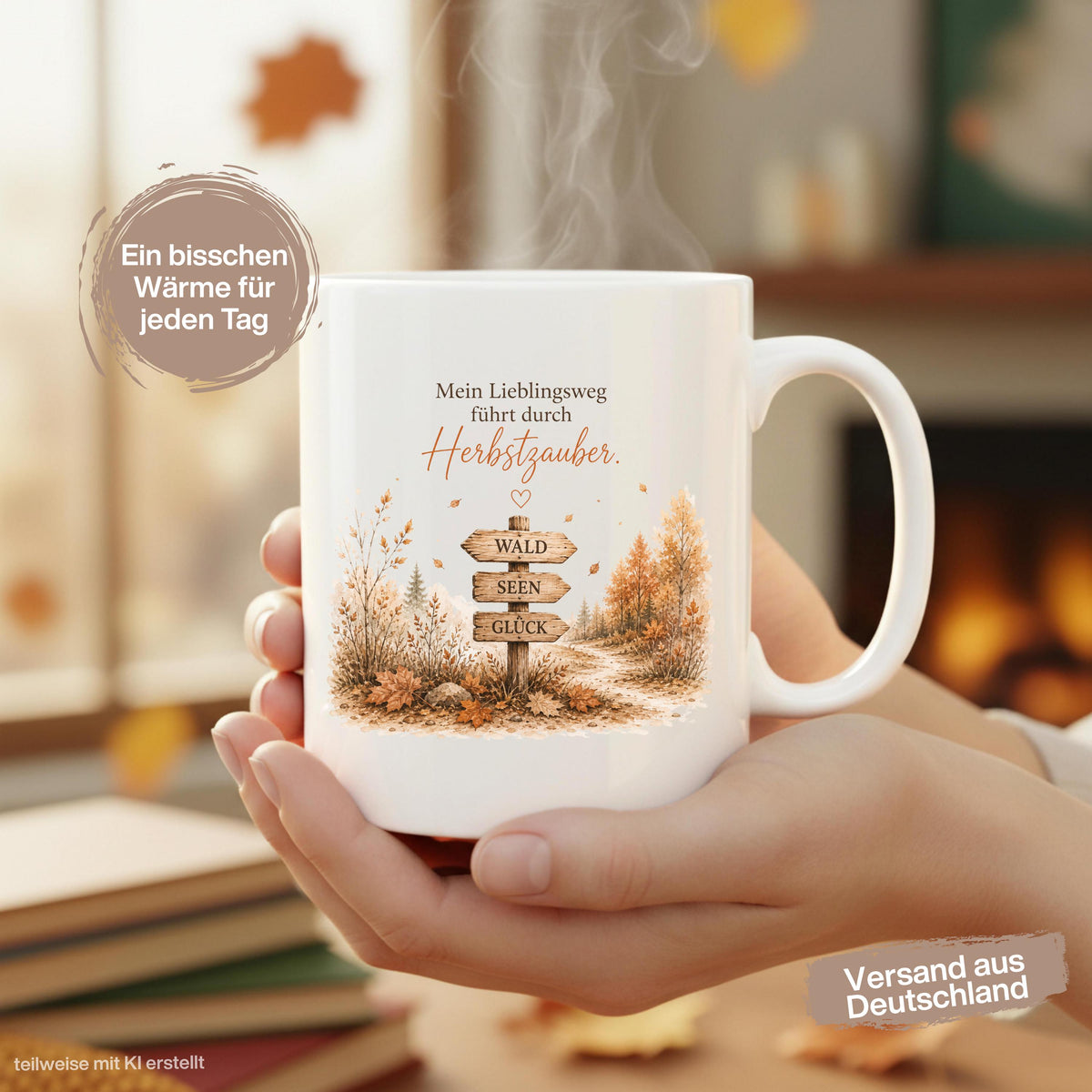 Herbst Tasse mit Spruch „Mein Lieblingsweg führt durch Herbstzauber“ als Geschenk für beste Freundin und Geschenk für Kaffeeliebhaber. Weiße Keramiktasse 330 ml beidseitig bedruckt mit herbstlichem Waldmotiv und Wegweiser Wald Seen Glück. Herbsttasse für Herbstzeit, Cozy Season, Naturfreunde und Waldliebhaber. Kaffeeliebhaber Geschenk, Herbst Geschenk, Me Time Geschenk und Selfcare Geschenk für Freundin, Mama oder Schwester. geschenk beste freundin, geschenk kaffeeliebhaber, herbsttasse