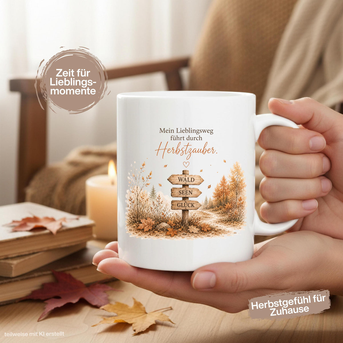 Herbst Tasse mit Spruch „Mein Lieblingsweg führt durch Herbstzauber“ als Geschenk für beste Freundin und Geschenk für Kaffeeliebhaber. Weiße Keramiktasse 330 ml beidseitig bedruckt mit herbstlichem Waldmotiv und Wegweiser Wald Seen Glück. Herbsttasse für Herbstzeit, Cozy Season, Naturfreunde und Waldliebhaber. Kaffeeliebhaber Geschenk, Herbst Geschenk, Me Time Geschenk und Selfcare Geschenk für Freundin, Mama oder Schwester. geschenk beste freundin, geschenk kaffeeliebhaber, herbsttasse