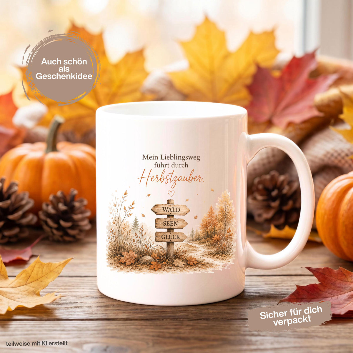 Herbst Tasse mit Spruch „Mein Lieblingsweg führt durch Herbstzauber“ als Geschenk für beste Freundin und Geschenk für Kaffeeliebhaber. Weiße Keramiktasse 330 ml beidseitig bedruckt mit herbstlichem Waldmotiv und Wegweiser Wald Seen Glück. Herbsttasse für Herbstzeit, Cozy Season, Naturfreunde und Waldliebhaber. Kaffeeliebhaber Geschenk, Herbst Geschenk, Me Time Geschenk und Selfcare Geschenk für Freundin, Mama oder Schwester. geschenk beste freundin, geschenk kaffeeliebhaber, herbsttasse