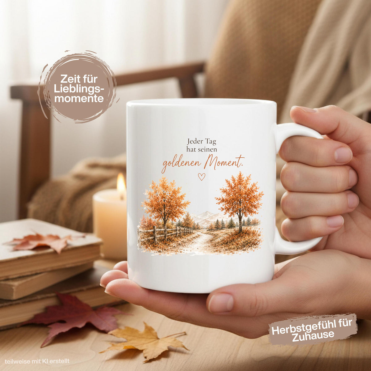 Herbst Tasse mit Spruch „Jeder Tag hat seinen goldenen Moment“ als Geschenk für beste Freundin und Geschenk für Kaffeeliebhaber. Weiße Keramiktasse 330 ml beidseitig bedruckt mit herbstlicher Landschaft, goldenen Bäumen und warmen Naturfarben. Herbsttasse für Herbstzeit und Cozy Season, Kaffeeliebhaber Geschenk, Herbst Geschenk, Selfcare Geschenk und Me Time Geschenk für Freundin, Mama oder Schwester. Keramiktasse mit Produktion und Versand aus Deutschland.  geschenk beste freundin, Herbsttasse