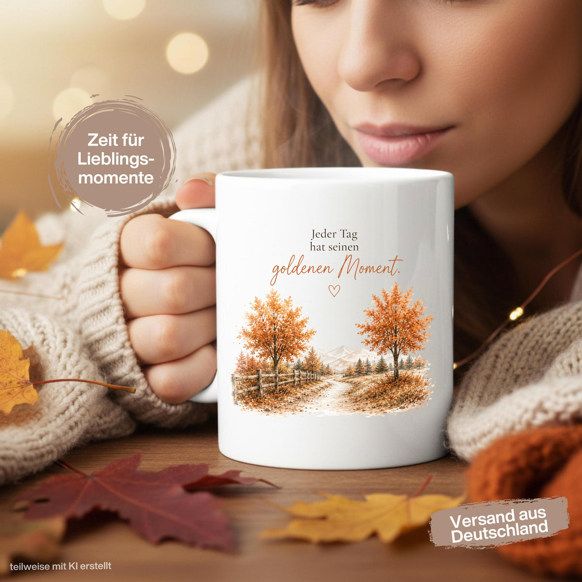 Herbst Tasse mit Spruch „Jeder Tag hat seinen goldenen Moment“ als Geschenk für beste Freundin und Geschenk für Kaffeeliebhaber. Weiße Keramiktasse 330 ml beidseitig bedruckt mit herbstlicher Landschaft, goldenen Bäumen und warmen Naturfarben. Herbsttasse für Herbstzeit und Cozy Season, Kaffeeliebhaber Geschenk, Herbst Geschenk, Selfcare Geschenk und Me Time Geschenk für Freundin, Mama oder Schwester. Keramiktasse mit Produktion und Versand aus Deutschland.  geschenk beste freundin, Herbsttasse